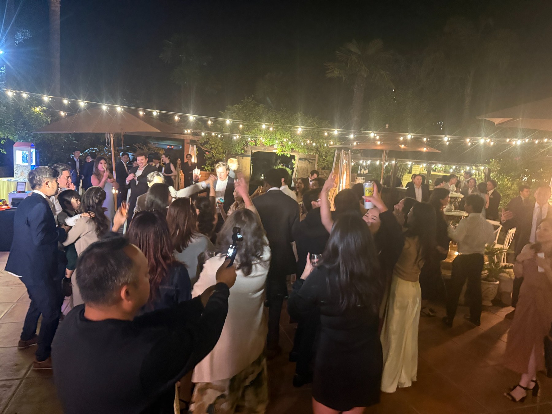 Guests celebrating beneath outdoor string lights